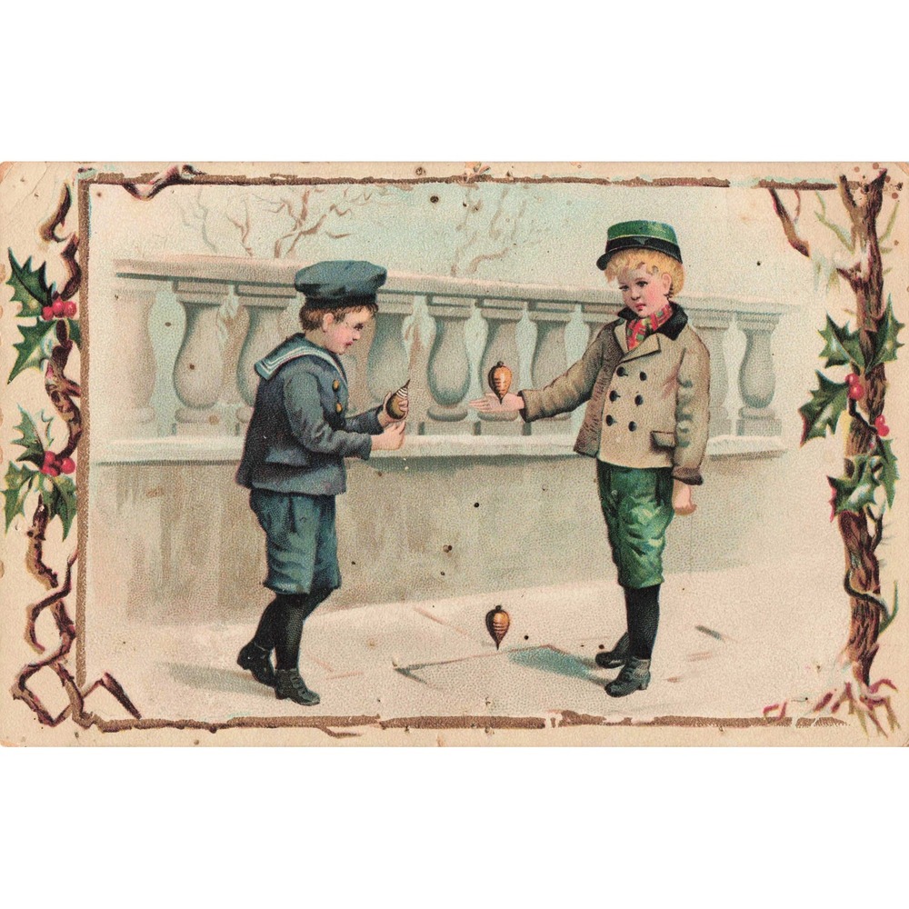 Antique Victorian Trade Card Boys Spinning Tops Holly Border Chromolithograph - Picture 1 of 2